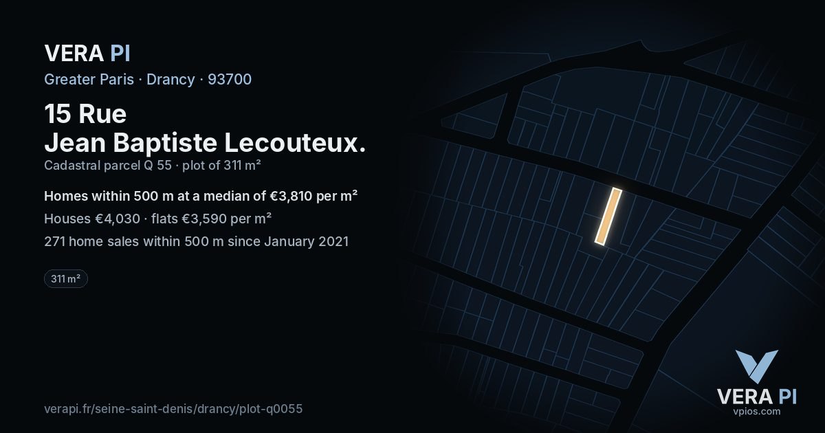 15 Rue Jean Baptiste Lecouteux, Drancy at night – the plot lit, the parcels around coloured by the prices near them