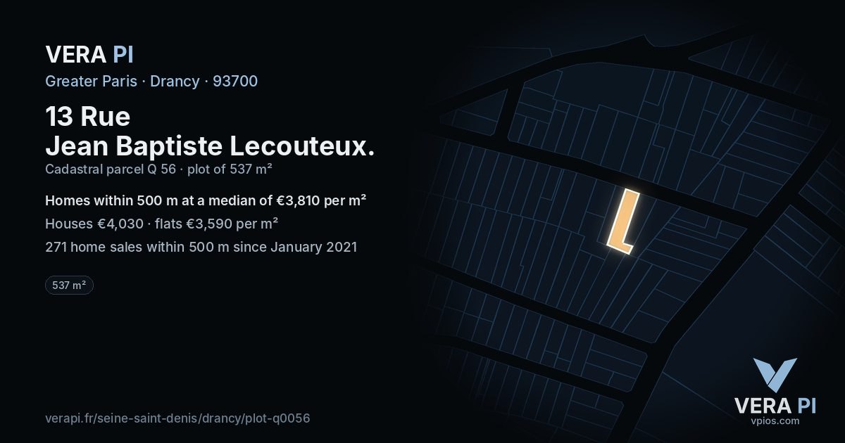 13 Rue Jean Baptiste Lecouteux, Drancy at night – the plot lit, the parcels around coloured by the prices near them