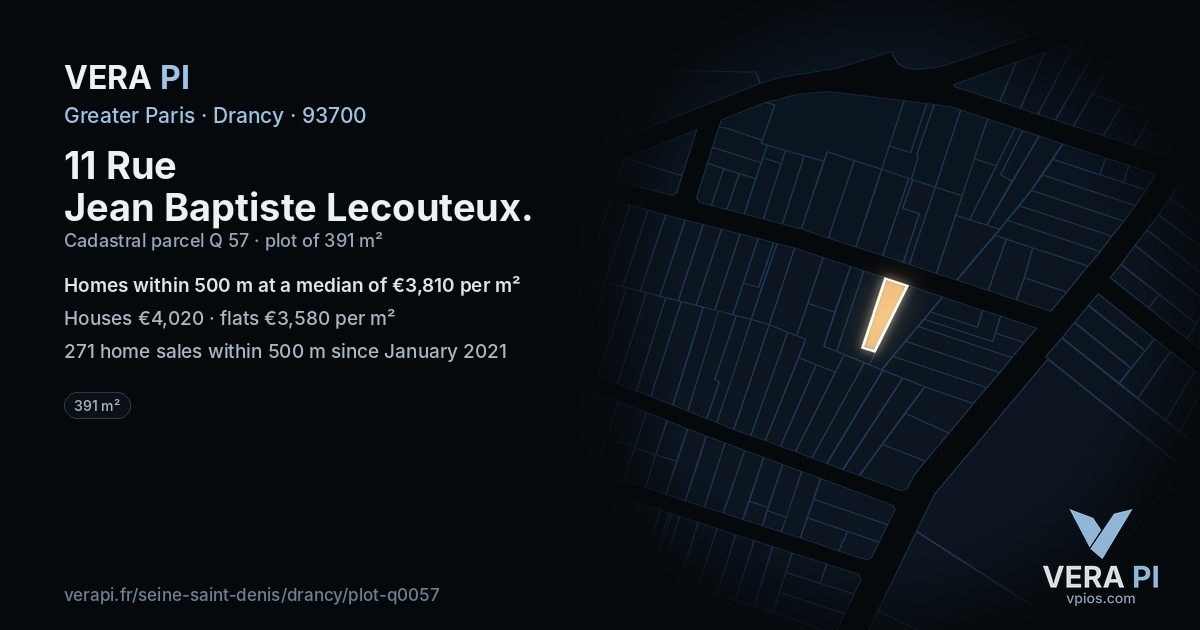 11 Rue Jean Baptiste Lecouteux, Drancy at night – the plot lit, the parcels around coloured by the prices near them