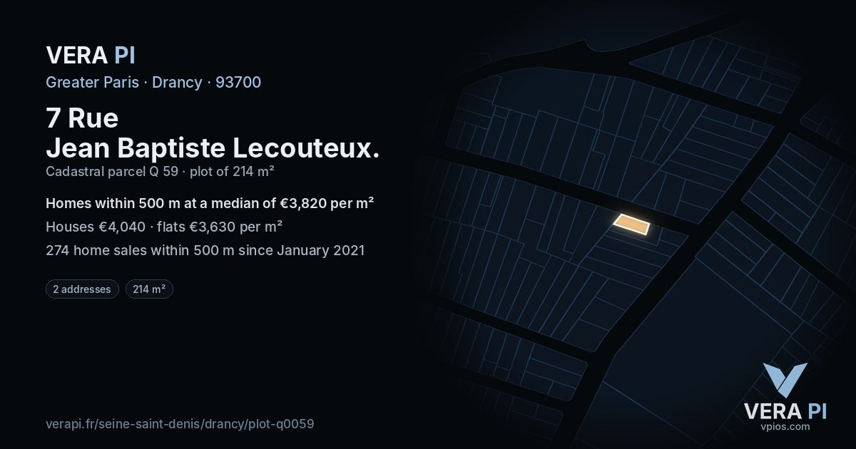 7 Rue Jean Baptiste Lecouteux, Drancy at night – the plot lit, the parcels around coloured by the prices near them