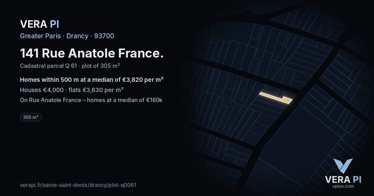 141 Rue Anatole France, Drancy at night – the plot lit, the parcels around coloured by the prices near them
