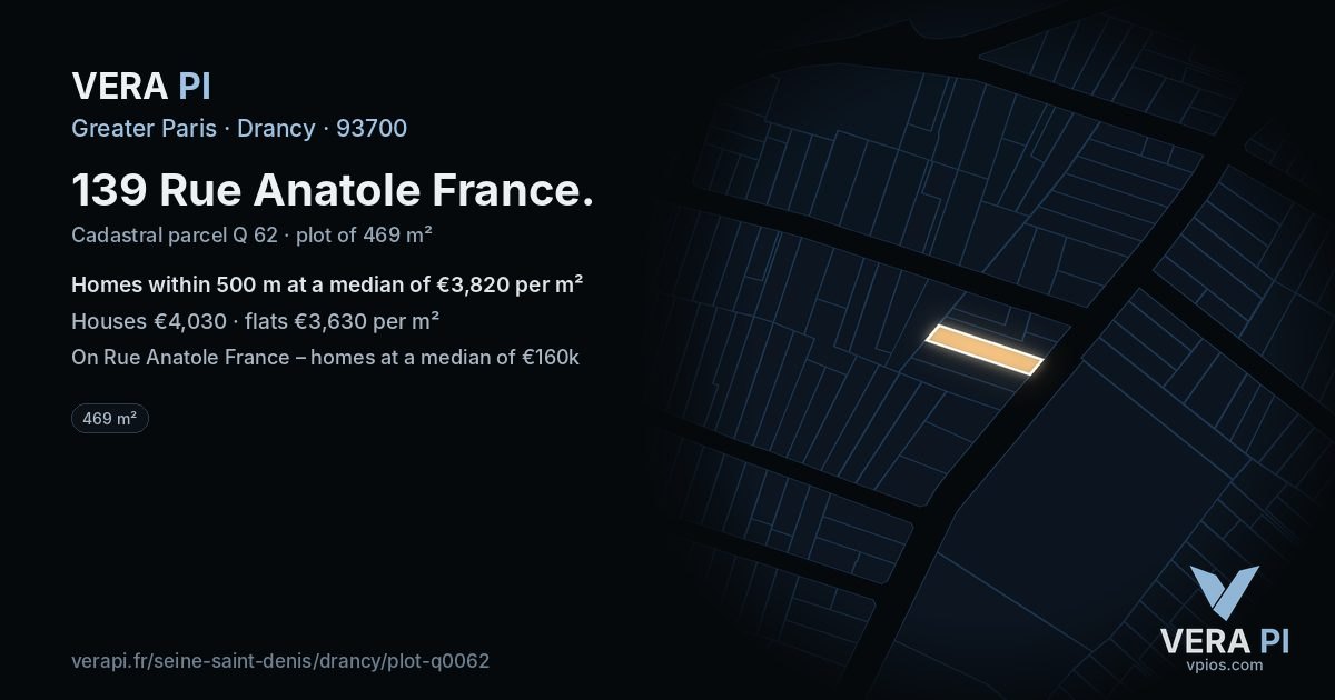 139 Rue Anatole France, Drancy at night – the plot lit, the parcels around coloured by the prices near them
