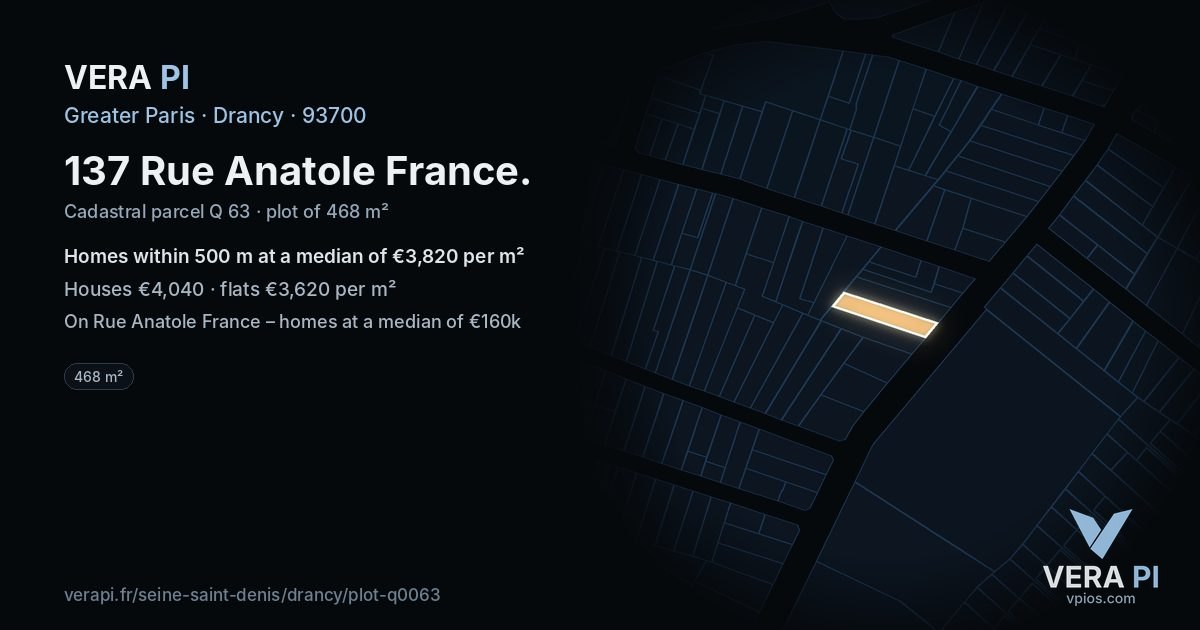137 Rue Anatole France, Drancy at night – the plot lit, the parcels around coloured by the prices near them
