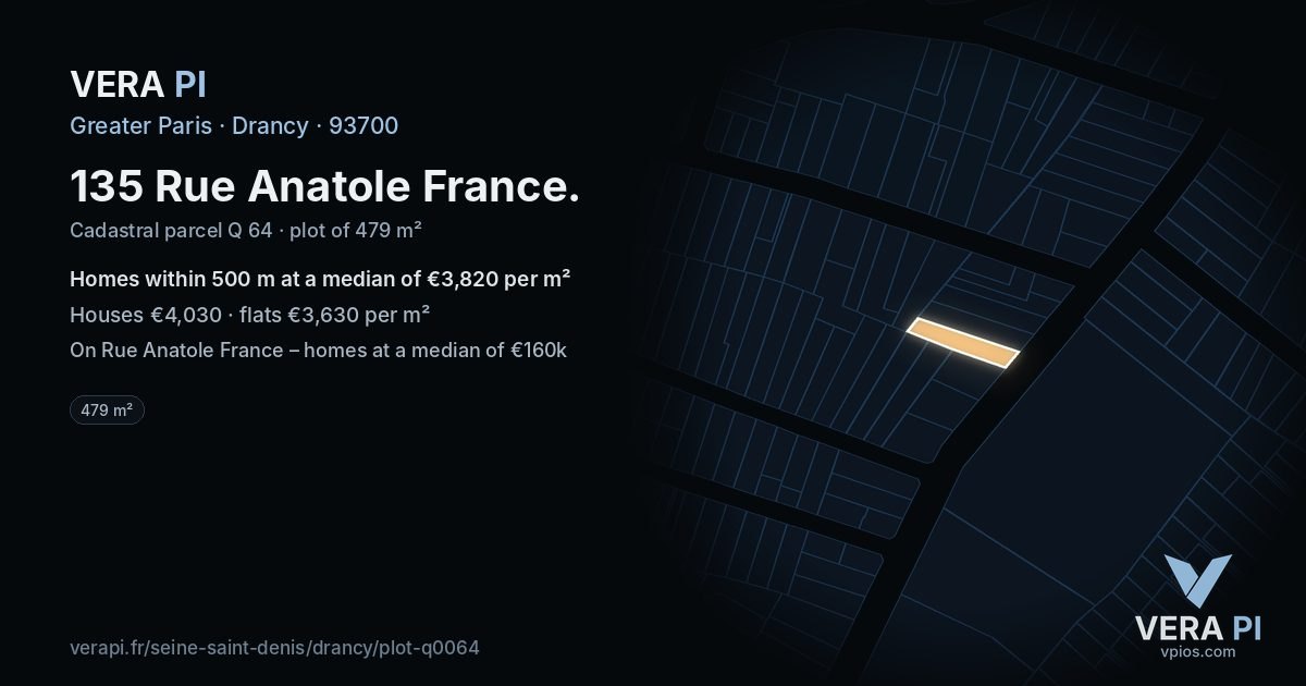 135 Rue Anatole France, Drancy at night – the plot lit, the parcels around coloured by the prices near them