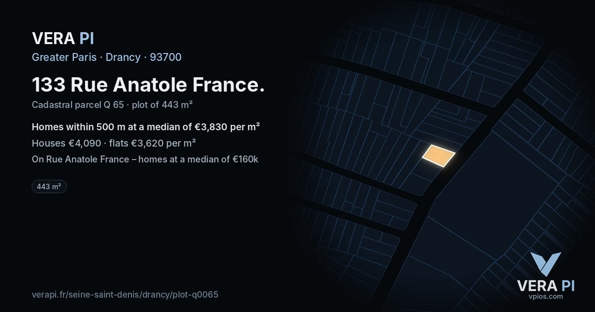 133 Rue Anatole France, Drancy at night – the plot lit, the parcels around coloured by the prices near them