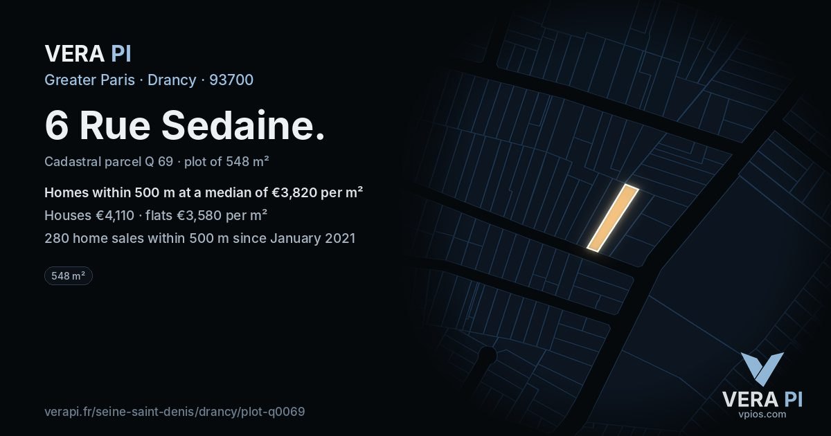 6 Rue Sedaine, Drancy at night – the plot lit, the parcels around coloured by the prices near them