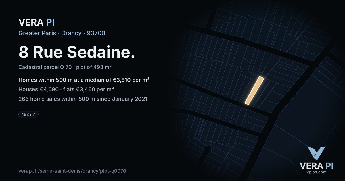 8 Rue Sedaine, Drancy at night – the plot lit, the parcels around coloured by the prices near them