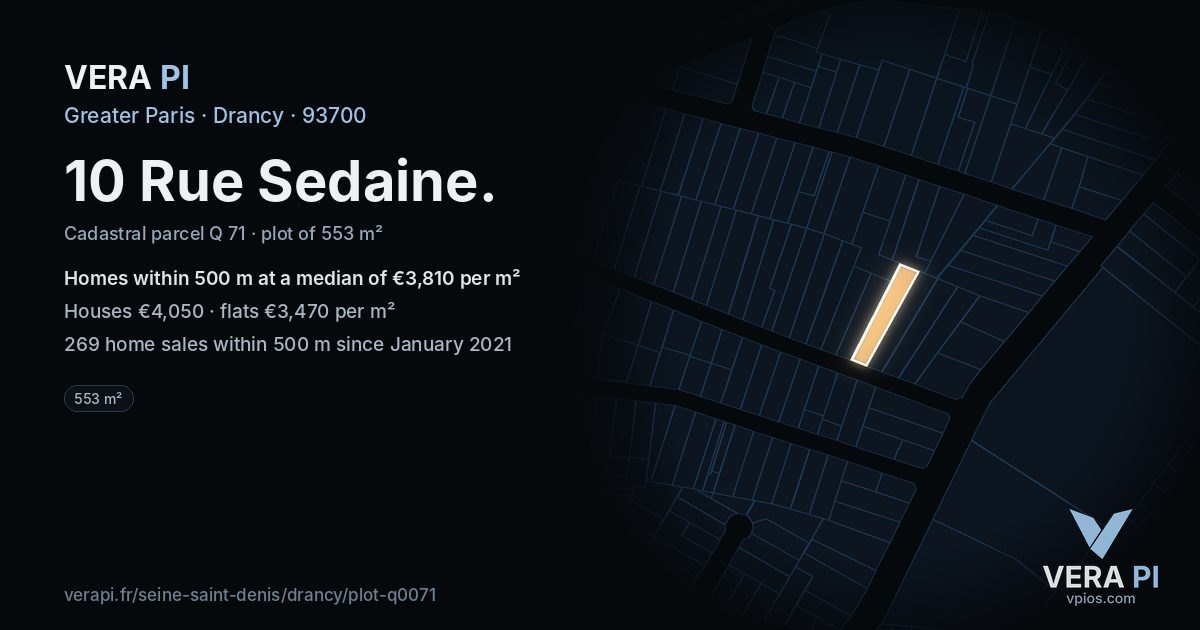 10 Rue Sedaine, Drancy at night – the plot lit, the parcels around coloured by the prices near them