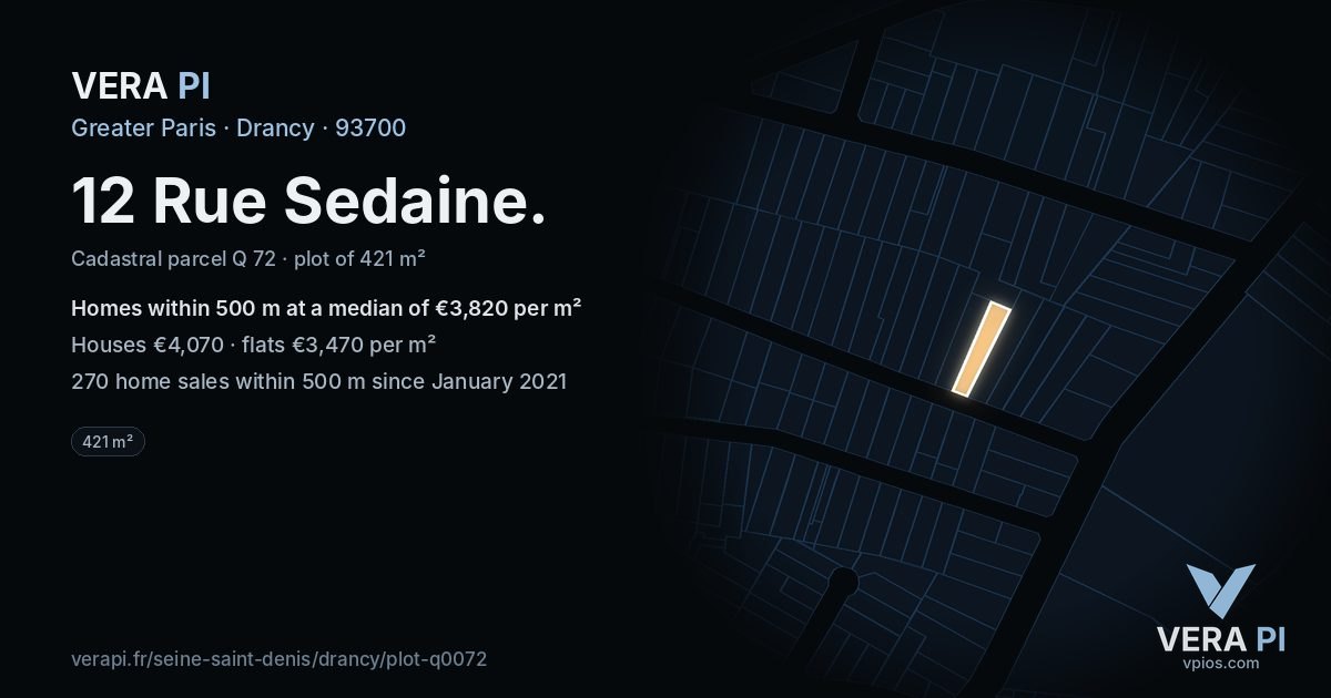 12 Rue Sedaine, Drancy at night – the plot lit, the parcels around coloured by the prices near them