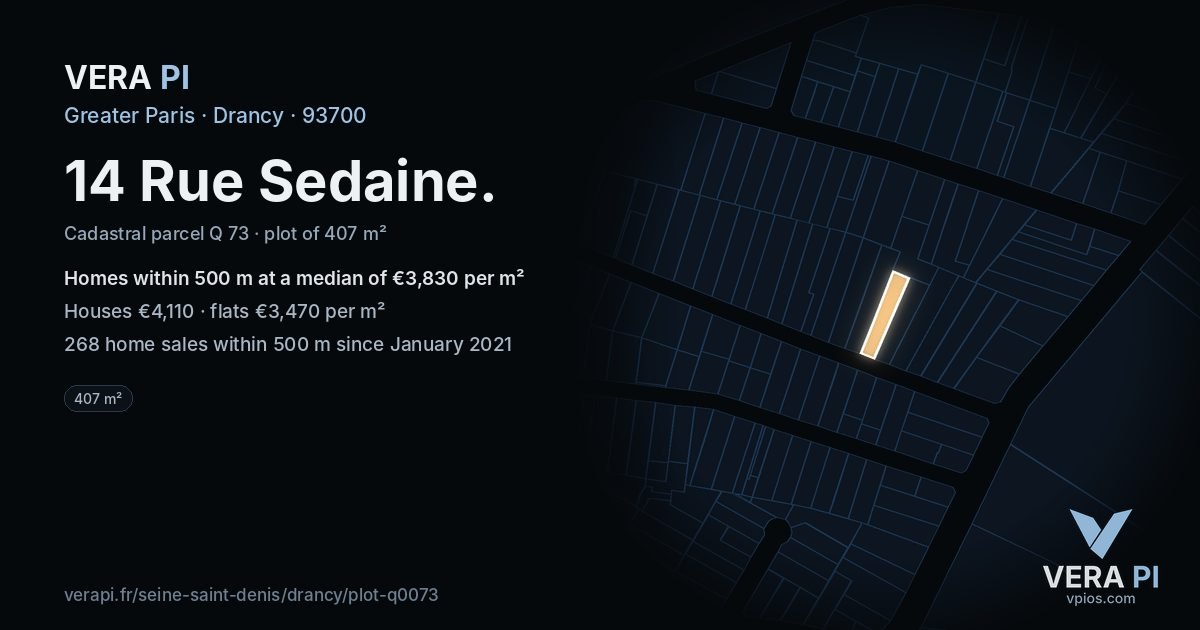 14 Rue Sedaine, Drancy at night – the plot lit, the parcels around coloured by the prices near them