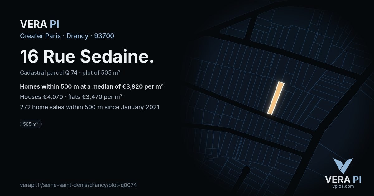 16 Rue Sedaine, Drancy at night – the plot lit, the parcels around coloured by the prices near them