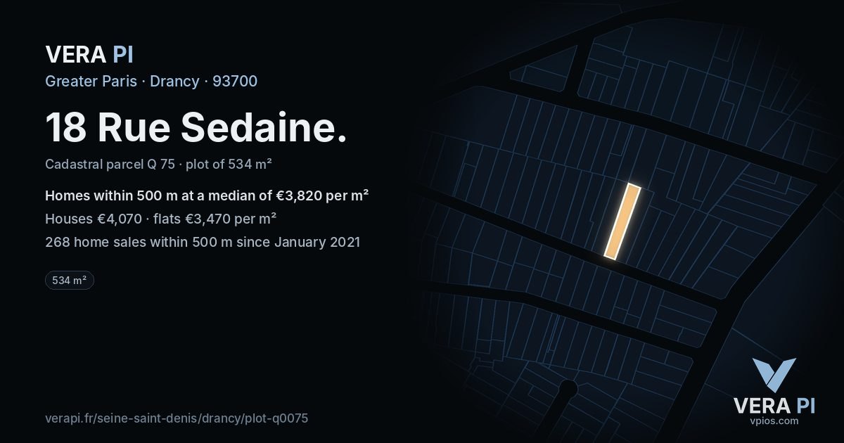18 Rue Sedaine, Drancy at night – the plot lit, the parcels around coloured by the prices near them