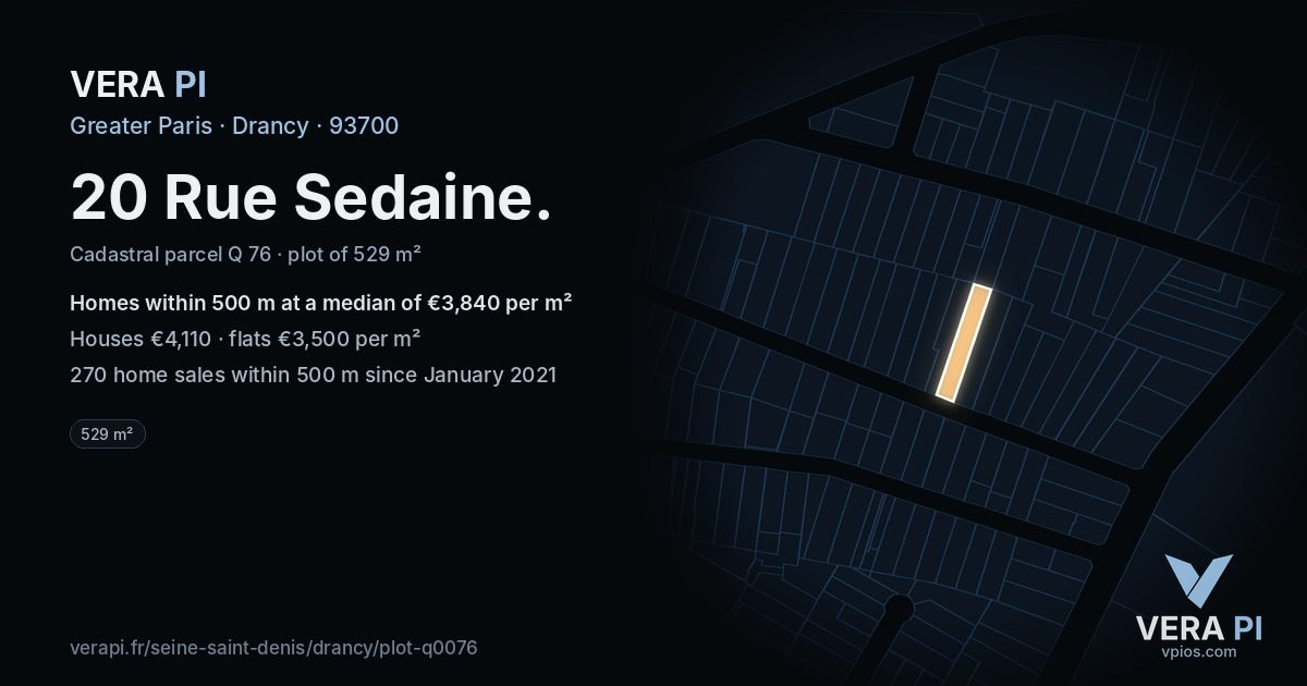 20 Rue Sedaine, Drancy at night – the plot lit, the parcels around coloured by the prices near them