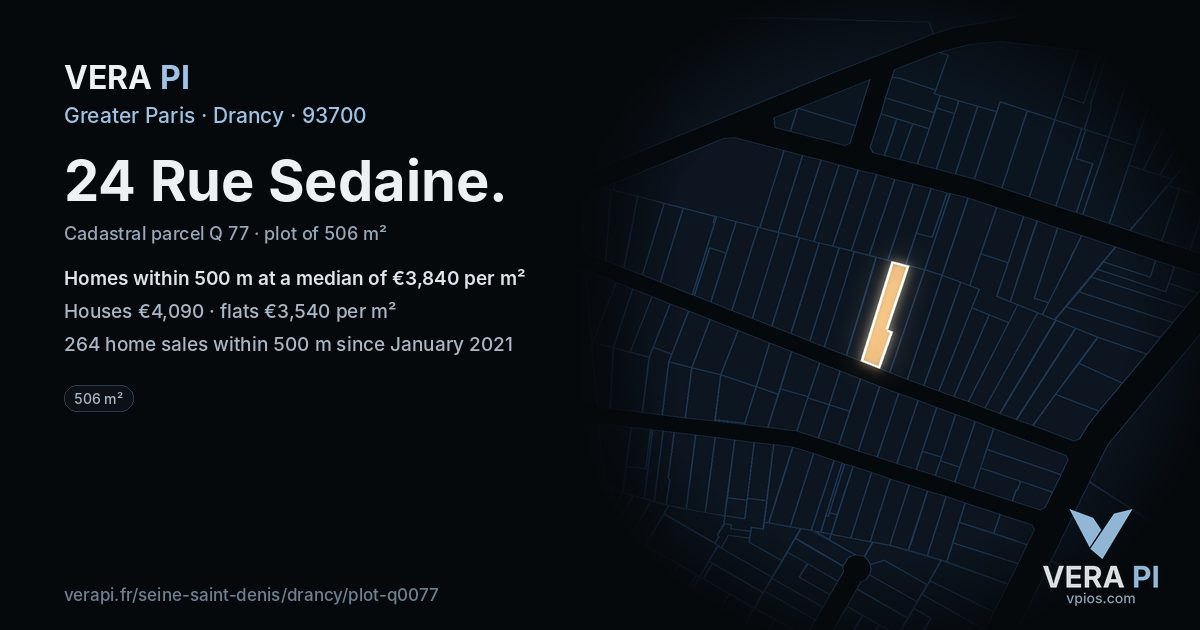 24 Rue Sedaine, Drancy at night – the plot lit, the parcels around coloured by the prices near them