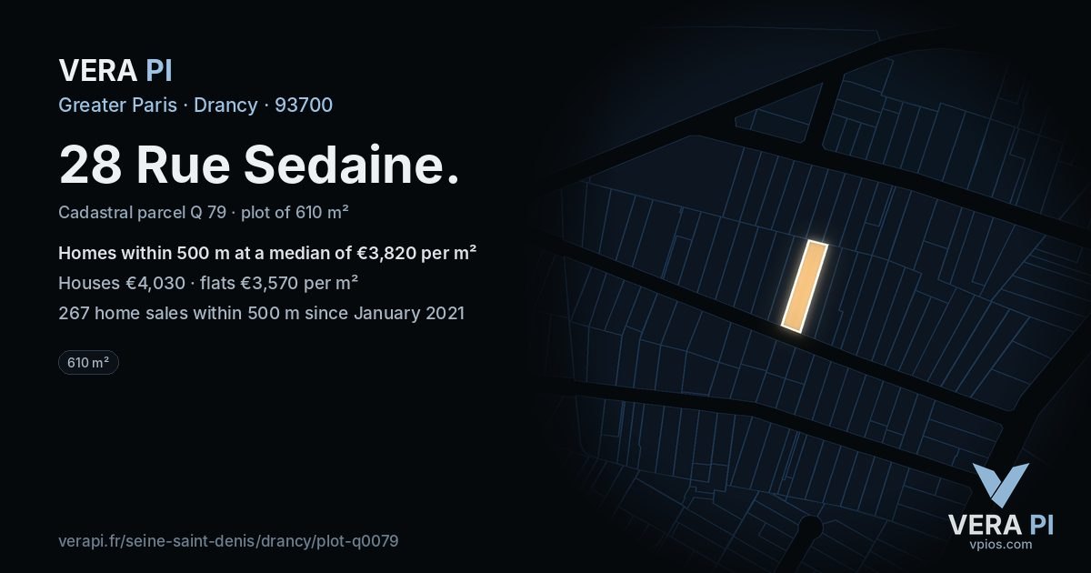 28 Rue Sedaine, Drancy at night – the plot lit, the parcels around coloured by the prices near them