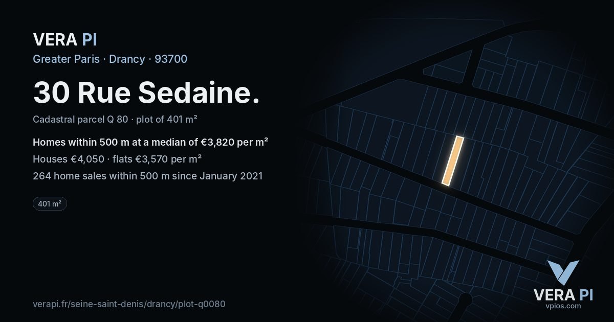 30 Rue Sedaine, Drancy at night – the plot lit, the parcels around coloured by the prices near them