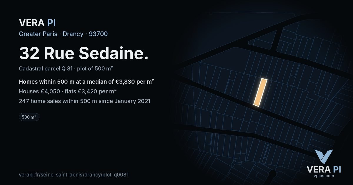 32 Rue Sedaine, Drancy at night – the plot lit, the parcels around coloured by the prices near them