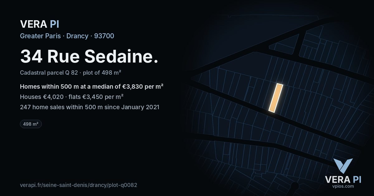 34 Rue Sedaine, Drancy at night – the plot lit, the parcels around coloured by the prices near them