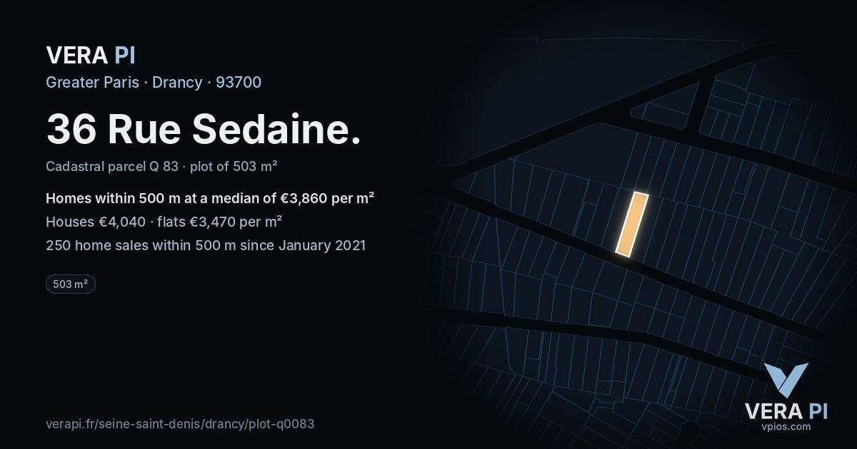 36 Rue Sedaine, Drancy at night – the plot lit, the parcels around coloured by the prices near them