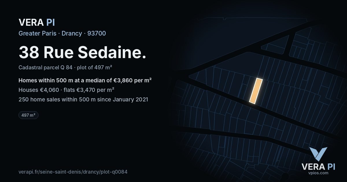 38 Rue Sedaine, Drancy at night – the plot lit, the parcels around coloured by the prices near them