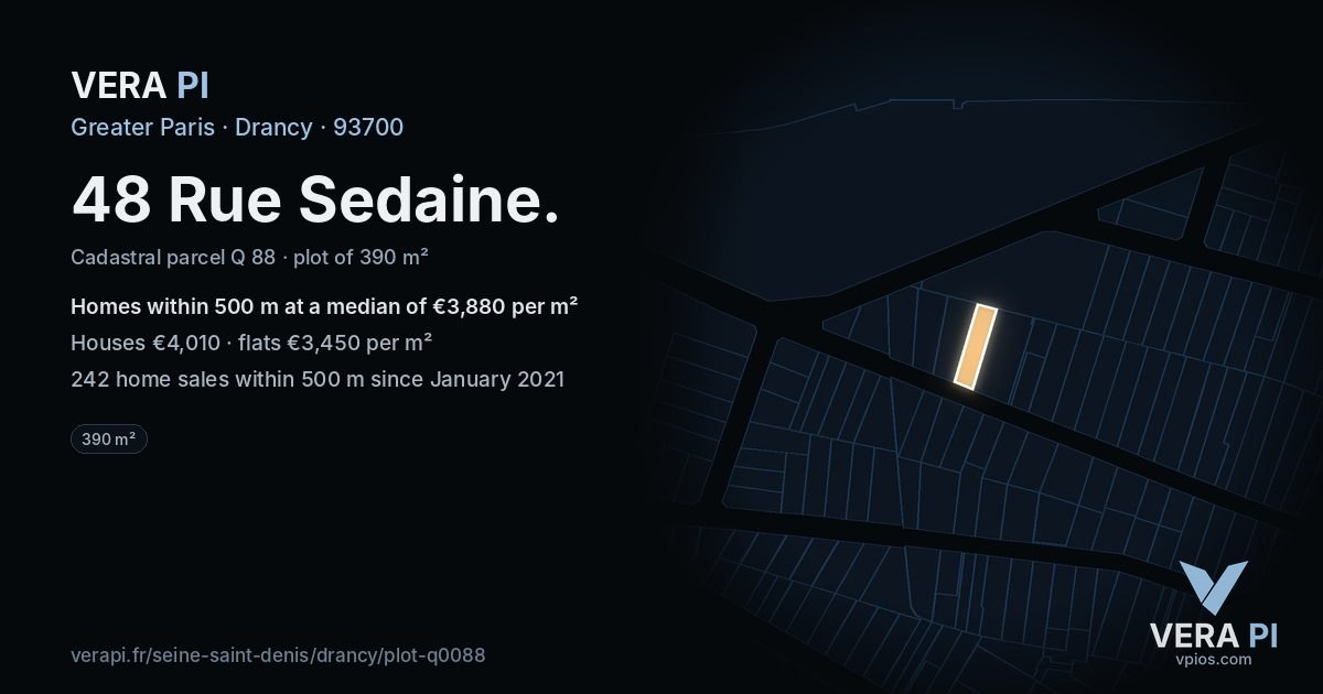 48 Rue Sedaine, Drancy at night – the plot lit, the parcels around coloured by the prices near them