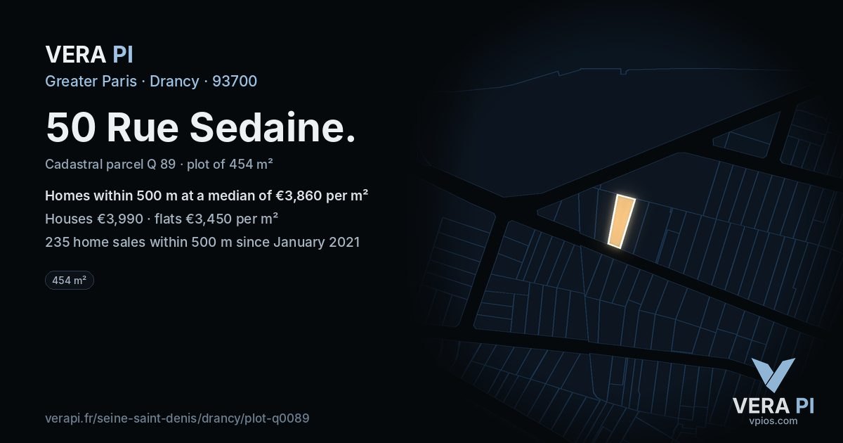 50 Rue Sedaine, Drancy at night – the plot lit, the parcels around coloured by the prices near them