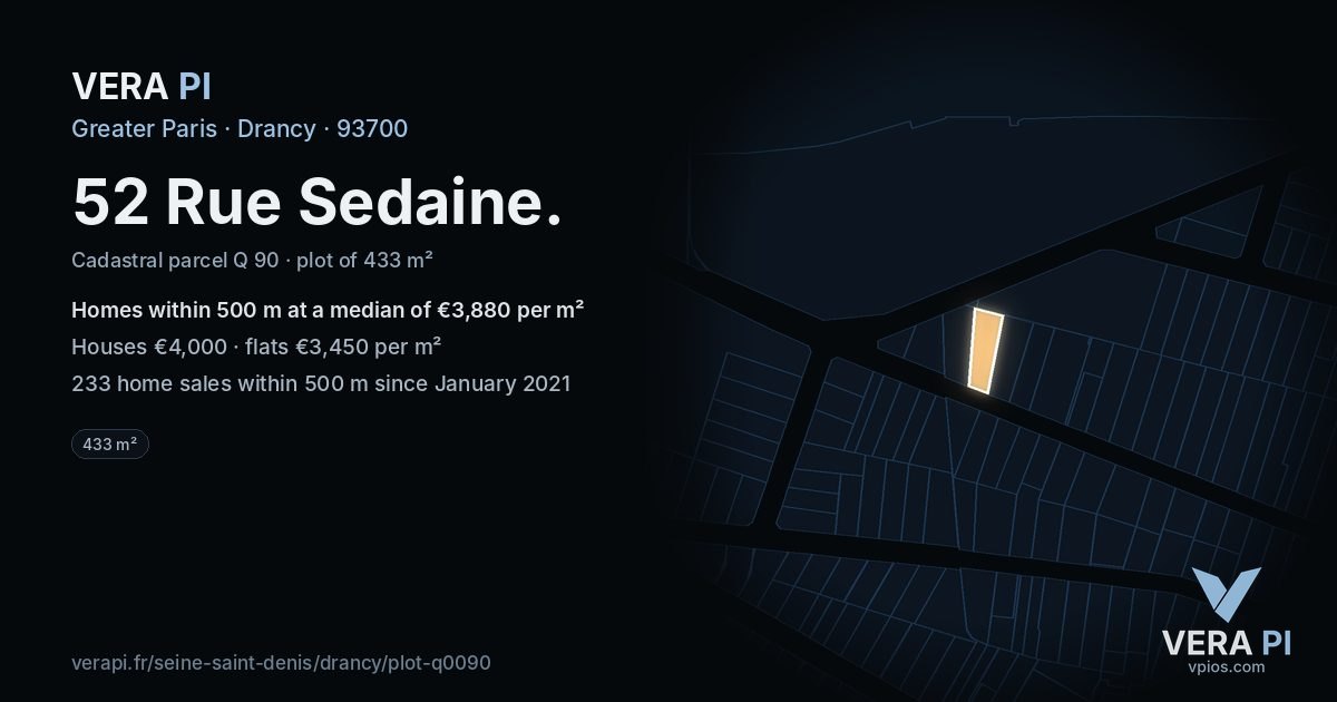 52 Rue Sedaine, Drancy at night – the plot lit, the parcels around coloured by the prices near them