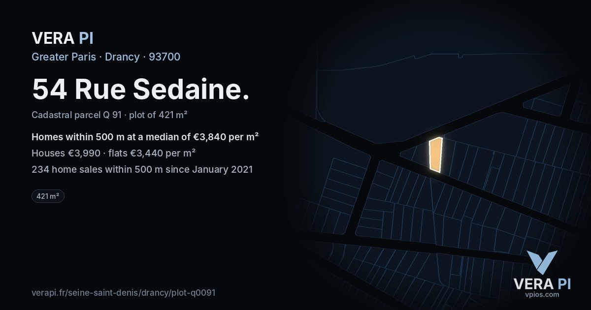 54 Rue Sedaine, Drancy at night – the plot lit, the parcels around coloured by the prices near them