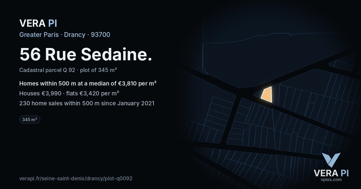 56 Rue Sedaine, Drancy at night – the plot lit, the parcels around coloured by the prices near them