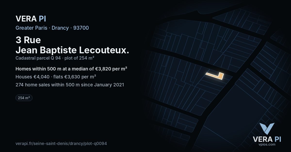 3 Rue Jean Baptiste Lecouteux, Drancy at night – the plot lit, the parcels around coloured by the prices near them
