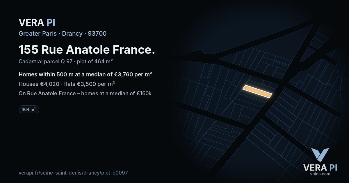 155 Rue Anatole France, Drancy at night – the plot lit, the parcels around coloured by the prices near them