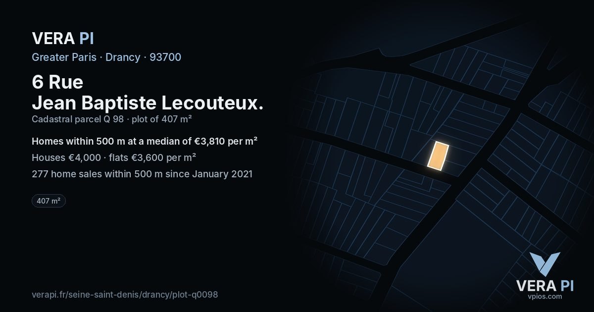6 Rue Jean Baptiste Lecouteux, Drancy at night – the plot lit, the parcels around coloured by the prices near them