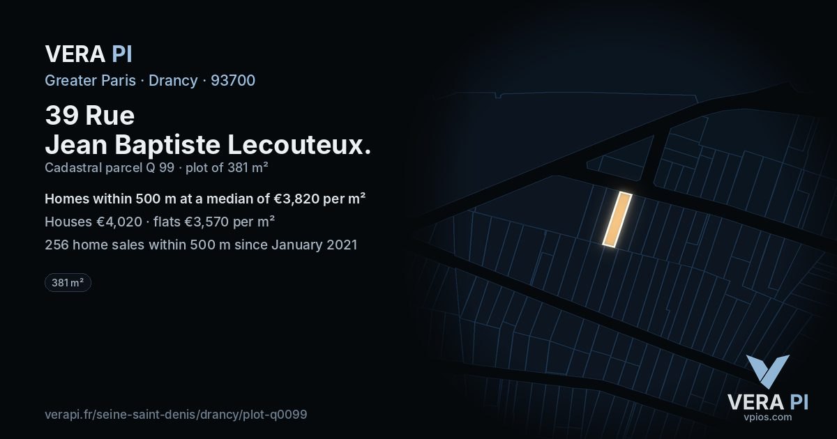 39 Rue Jean Baptiste Lecouteux, Drancy at night – the plot lit, the parcels around coloured by the prices near them