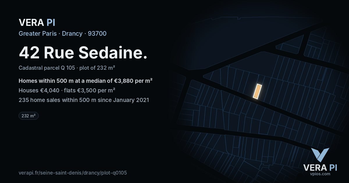 42 Rue Sedaine, Drancy at night – the plot lit, the parcels around coloured by the prices near them