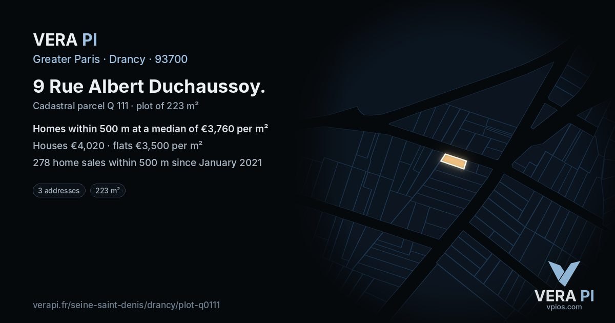 9 Rue Albert Duchaussoy, Drancy at night – the plot lit, the parcels around coloured by the prices near them