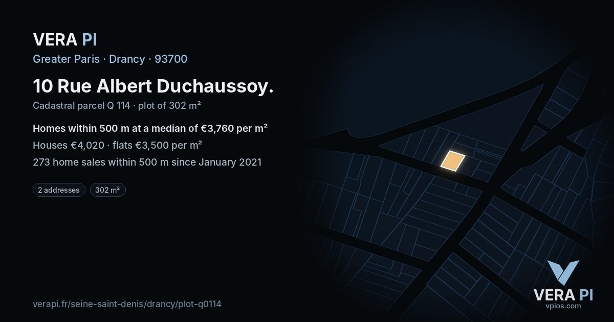 10 Rue Albert Duchaussoy, Drancy at night – the plot lit, the parcels around coloured by the prices near them
