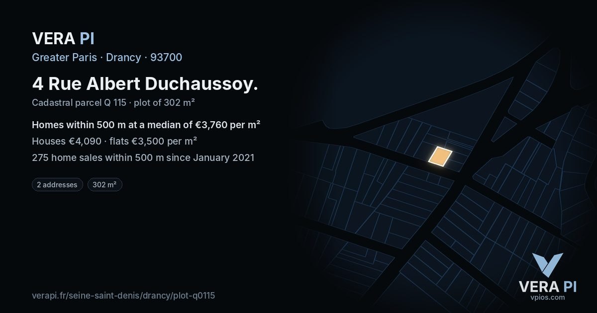 4 Rue Albert Duchaussoy, Drancy at night – the plot lit, the parcels around coloured by the prices near them