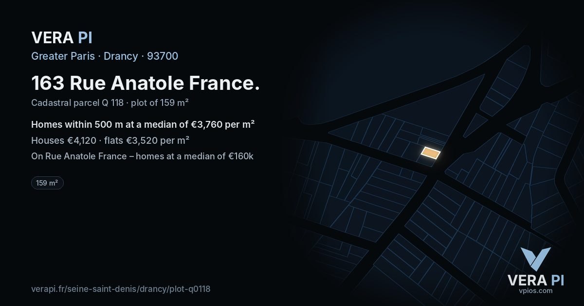 163 Rue Anatole France, Drancy at night – the plot lit, the parcels around coloured by the prices near them