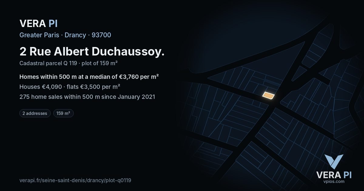 2 Rue Albert Duchaussoy, Drancy at night – the plot lit, the parcels around coloured by the prices near them