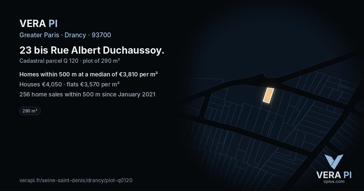 23 bis Rue Albert Duchaussoy, Drancy at night – the plot lit, the parcels around coloured by the prices near them