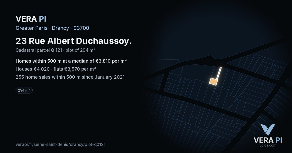 23 Rue Albert Duchaussoy, Drancy at night – the plot lit, the parcels around coloured by the prices near them
