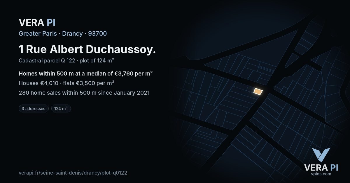 1 Rue Albert Duchaussoy, Drancy at night – the plot lit, the parcels around coloured by the prices near them