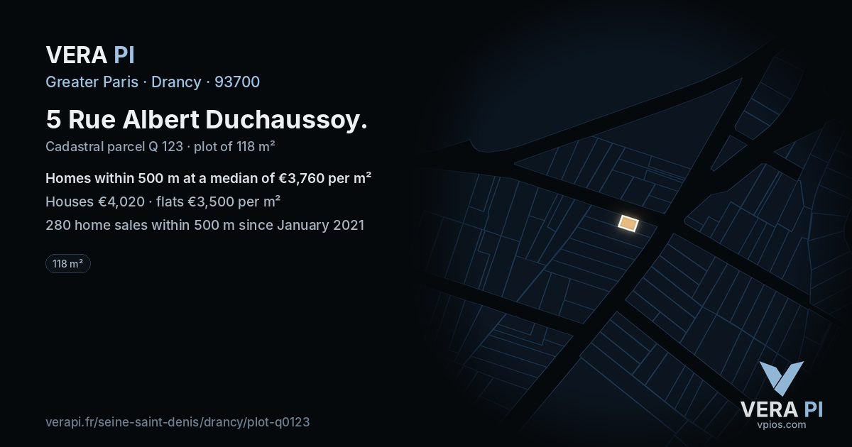5 Rue Albert Duchaussoy, Drancy at night – the plot lit, the parcels around coloured by the prices near them