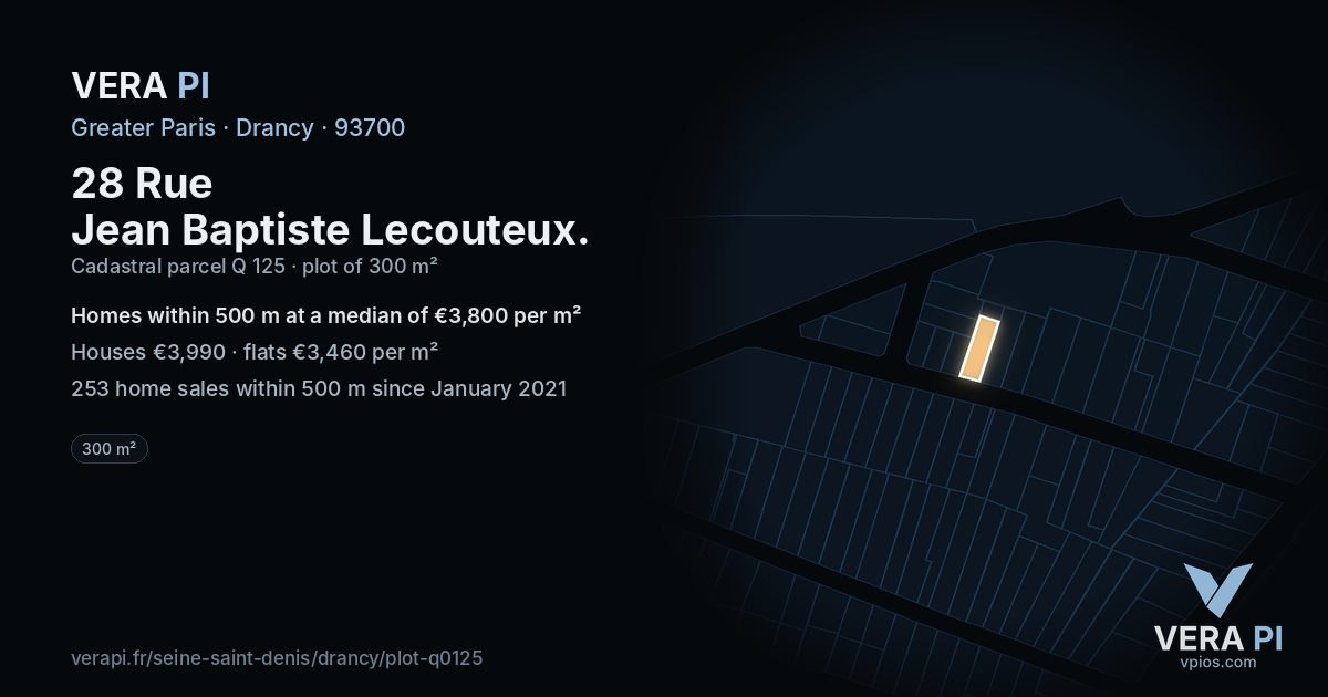 28 Rue Jean Baptiste Lecouteux, Drancy at night – the plot lit, the parcels around coloured by the prices near them