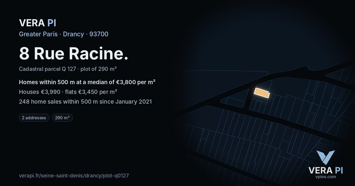 8 Rue Racine, Drancy at night – the plot lit, the parcels around coloured by the prices near them