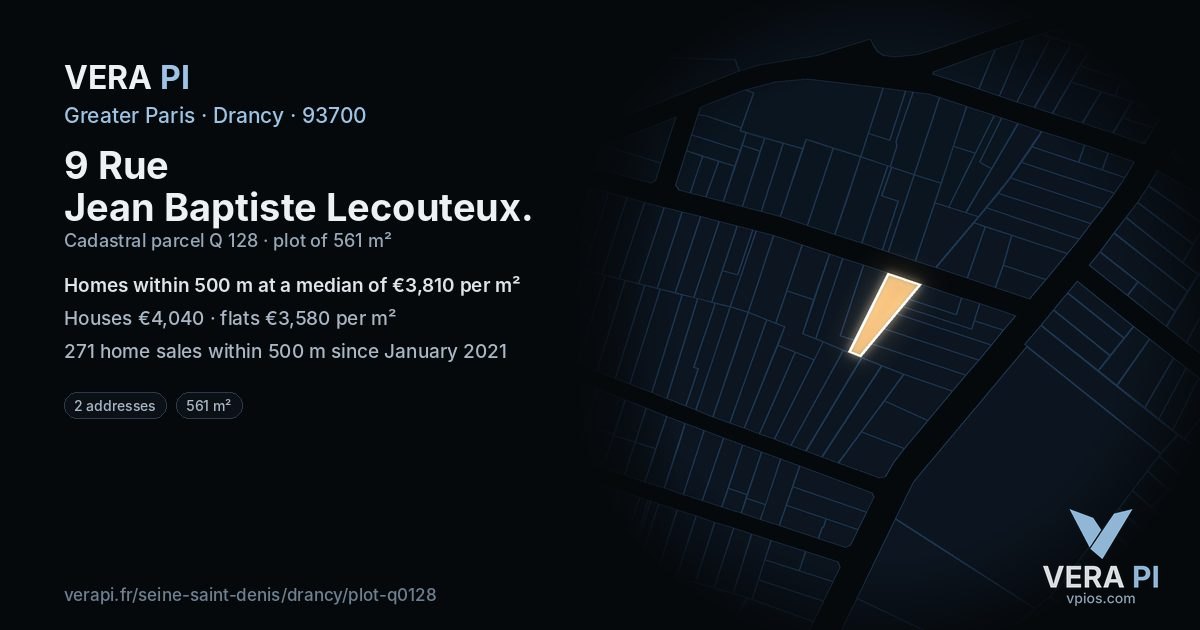 9 Rue Jean Baptiste Lecouteux, Drancy at night – the plot lit, the parcels around coloured by the prices near them
