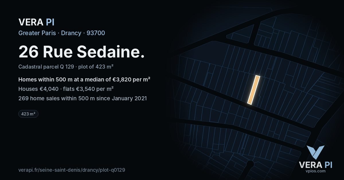 26 Rue Sedaine, Drancy at night – the plot lit, the parcels around coloured by the prices near them