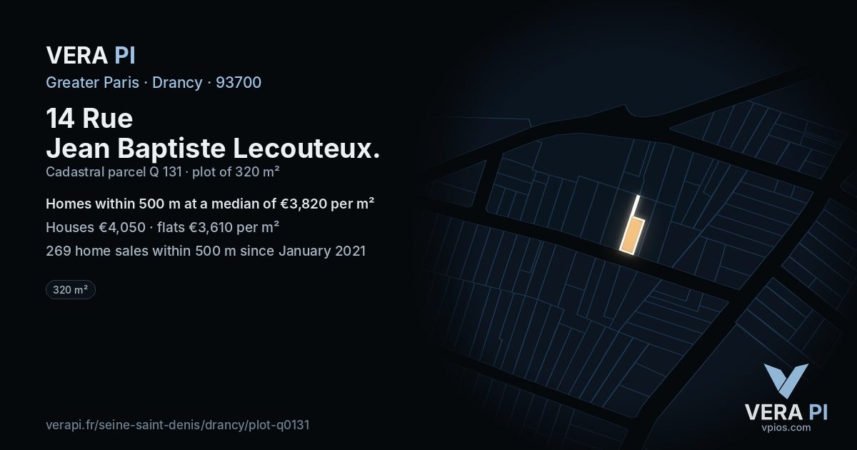 14 Rue Jean Baptiste Lecouteux, Drancy at night – the plot lit, the parcels around coloured by the prices near them