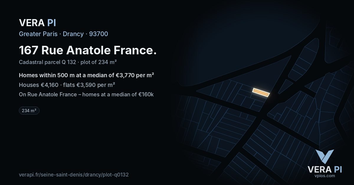 167 Rue Anatole France, Drancy at night – the plot lit, the parcels around coloured by the prices near them