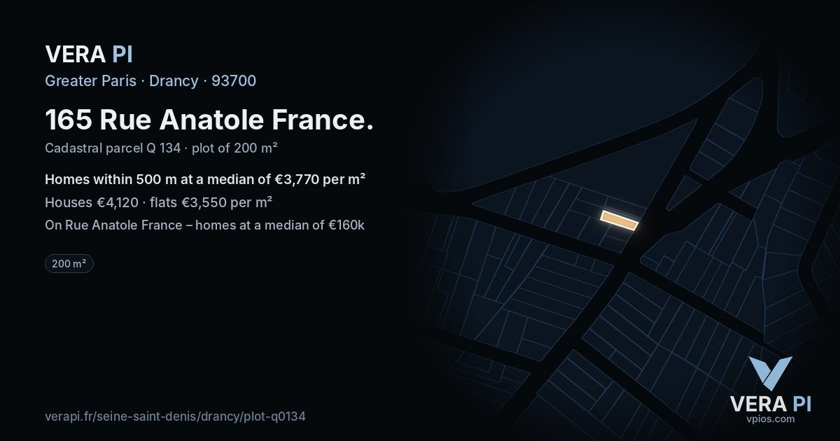 165 Rue Anatole France, Drancy at night – the plot lit, the parcels around coloured by the prices near them